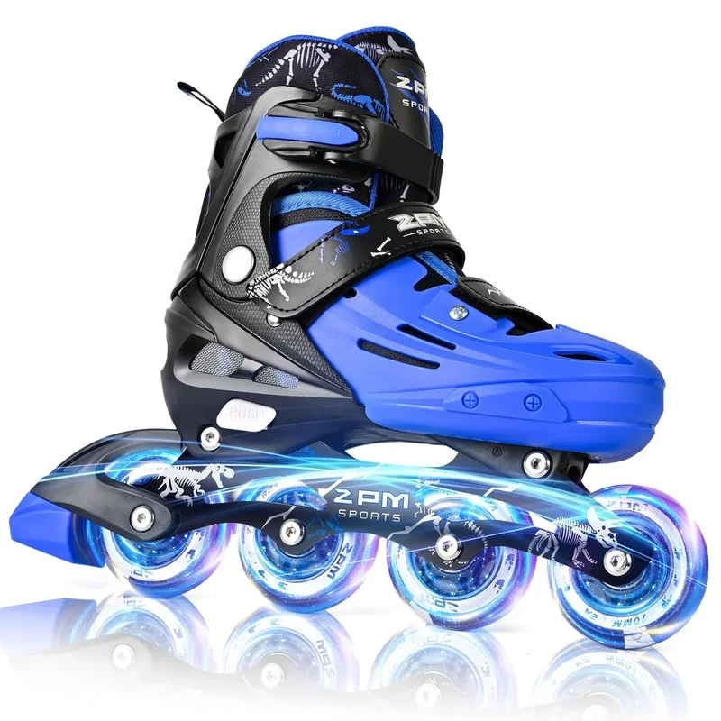 2PM SPORTS Kids Inline Skates Boys Ages 4-8 8-12 4-6 6-12 10-12 with Light Up Wheels, Adjustable Roller Skates Blades for Boys Beginner Youth Indoor Outdoor Size 11C 1 2 3 4 5 6 7 Dinosaur Blue