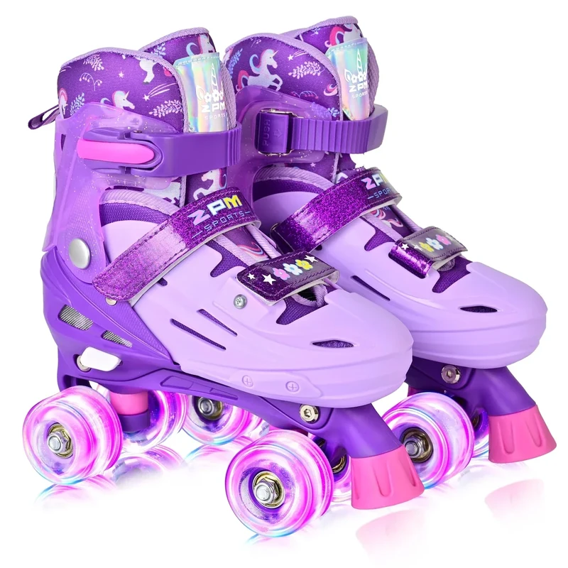 2PM SPORTS Kids Roller Skates Girls Ages 5-8 8-12 3-5 4-7 6-12 10-12 with Light Up Wheels, Outdoor Indoor Girls Rollerskates for Kids Beginner Toddler Size 10C 11C 12C 13C 1 2 3 4 5 6 Unicorn Purple