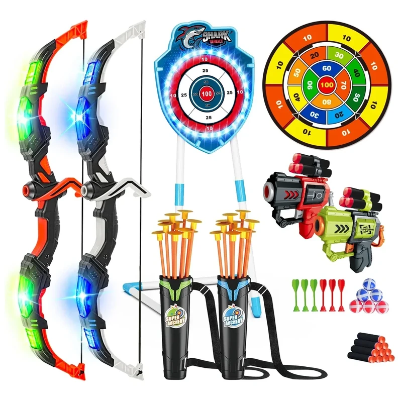 VATOS 2 Pack Bow and Arrow Toy with LED Light - 4 in 1 Archery & Dart Game Set with 20 Suction Cup Arrows, Shark Glow Target & Dart Board - Indoor/Outdoor Birthday Gift for Kids Boys Girls Ages 5-12