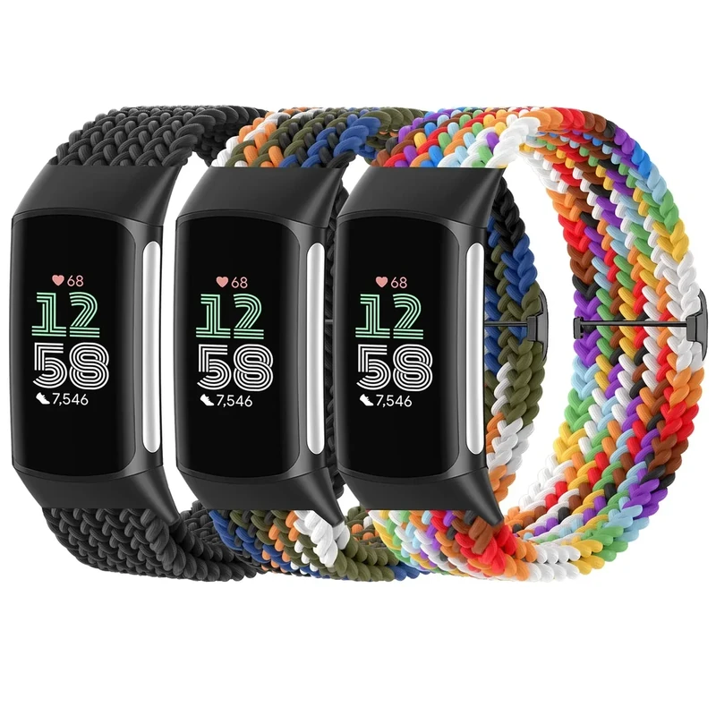 Braided Solo Loop Bands Compatible with Fitbit Charge 6/Charge 5, 3 Pack Adjustable Stretchy Wristbands Soft Woven Nylon Replacement for Fitbit Charge 5/Charge 6 Tracker Smart Watch for Women Men
