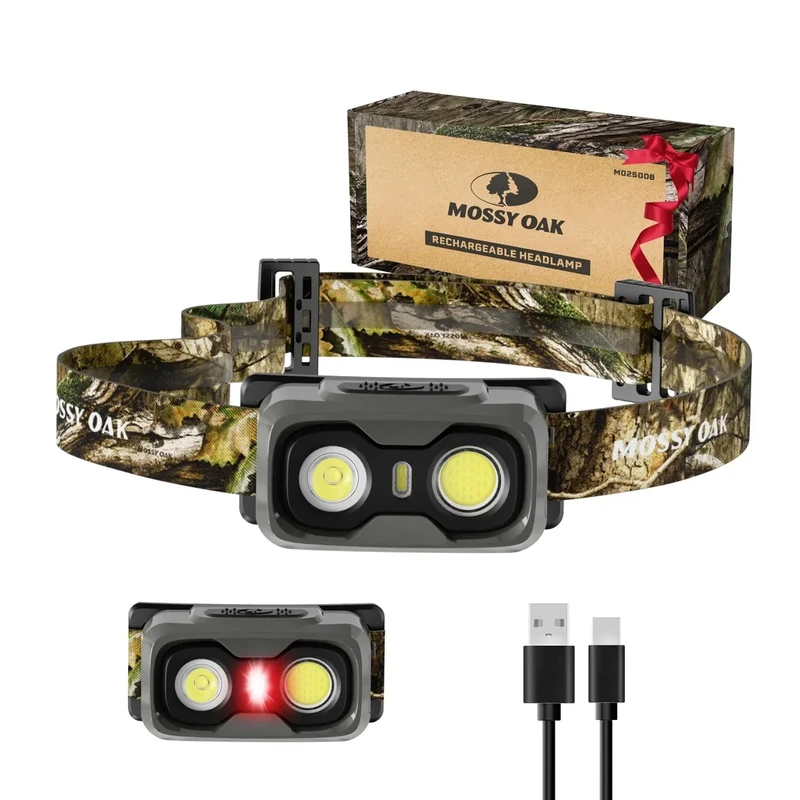 Mossy Oak 600 Lumens Rechargeable Headlamp, Lightweight LED Headlight with White & Red Light, Waterproof Head Lamp with Non-Slip Band, Dimmable & Memory Function for Camping, Hunting, Valentine's Day