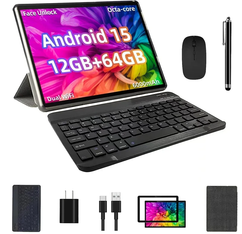 TUOHAITIME 15 Tablet 12GB RAM 64GB, 10" Keyboard Case, WiFi6, 6000mAh