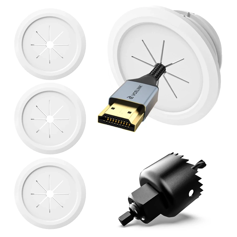 VCELINK TV Cord Hider for Wall Mounted TV, 2.36" (60 mm) Mini White Cable Management Kit Hides TV Wires- Push Type, 4 Pack Wall Cord Pass Throughs and 1 Hole Saw Drill- Ideal for Mounted TVs, Desks