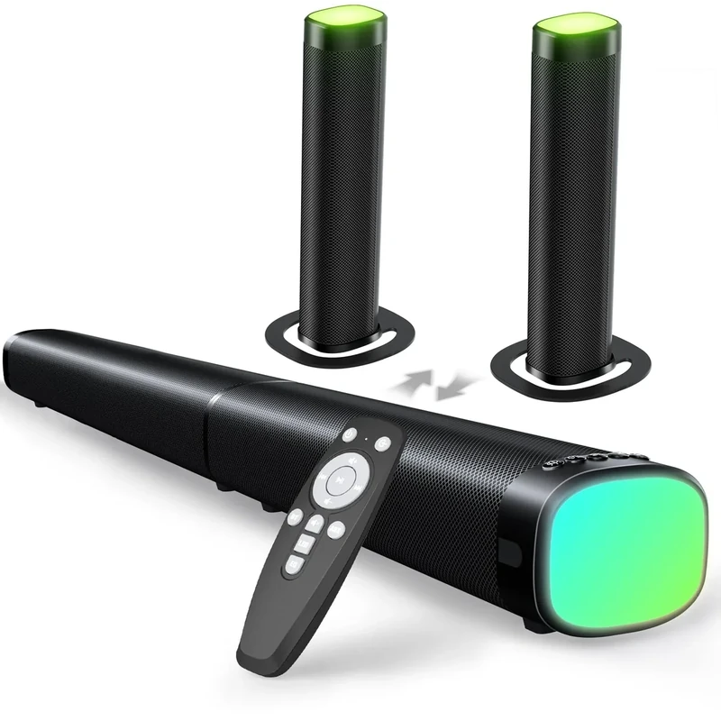 Sound Bar,100W Sound Bar for Smart TV with 3 RGB Lights Modes, Bluetooth 5.3, ARC/Opt/AUX Connect, Detachable 2-in-1 Speaker, 3 Equalizer Modes, Bass Surround Soundbar for TV/PC/Gaming/Projectors