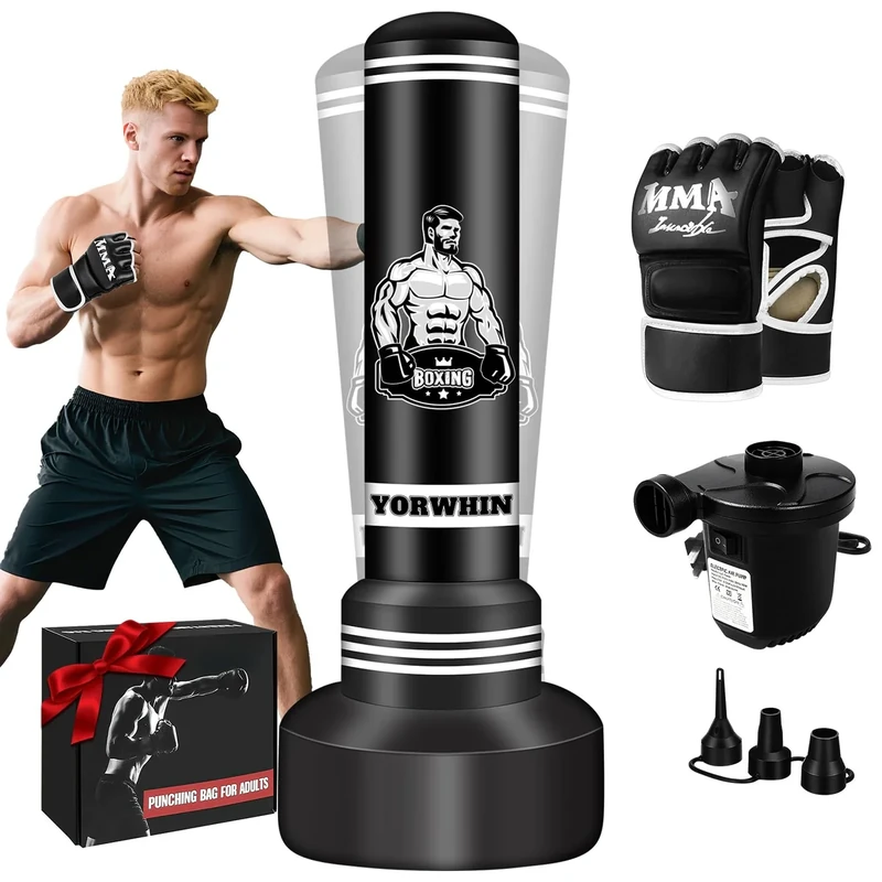 Heavy Punching Bag for Adults Teens, 70'' Standing Boxing Kicking Bag Freestanding Heavy Bag with Gloves and Electric Air Pump, Men Kickboxing Bags for Beginners Training MMA Muay Thai Fitness