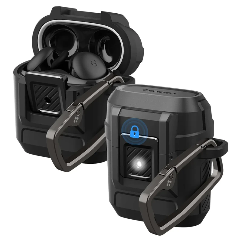 Spigen Lock Fit Designed for Google Pixel Buds 2a Case (2025/2026) Cover with Secure Locking Clip and Keychain - Matte Black