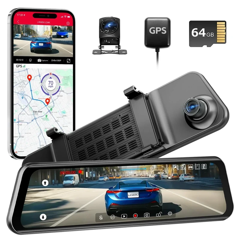 LINGDU 12" Mirror Dash Cam, 4K UHD Front and 2.5K Rear View Dash Camera for Car, with ADAS BSD LCA Smart Mode, GPS, G-Sensor, Loop Recording, Parking Monitor, Voice Control, 5.8GHz WiFi