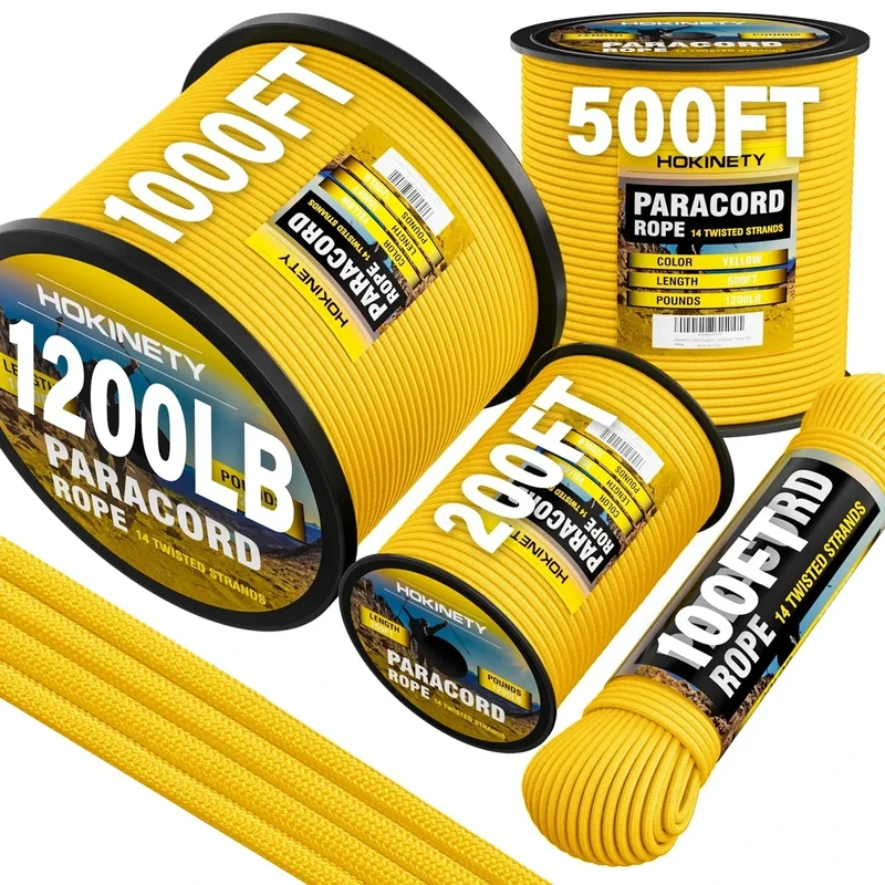 HOKINETY 1200 Paracord Rope - 4.4mm 14 Strand Nylon Parachute Spool para Cord Lanyard for Outdoor Camping Survival Utility Tent Crafting DIY Projects Fishing Clothsline Bracelet - Yellow 200FT