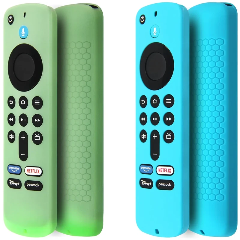 Pinowu Remote Cover Case (2pcs) Compatible with Fire TV Stick HD / 4K(2nd Gen) / 4K Plus / 4K Select Alexa Voice Remote, Anti Slip Silicone Sleeve with Wrist Strap (Green, Turquoise, Glow)