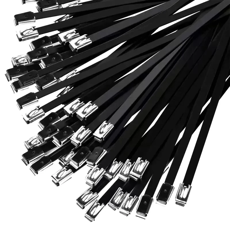 Duthcbw 100PCS 11.8" Black Epoxy Coated Metal Zip Ties, Heavy Duty Self-Locking Stainless Steel, Corrosion Resistant for Harsh Environments, Ideal for Machinery, Vehicles, Farm, Cable & Pipe Binding