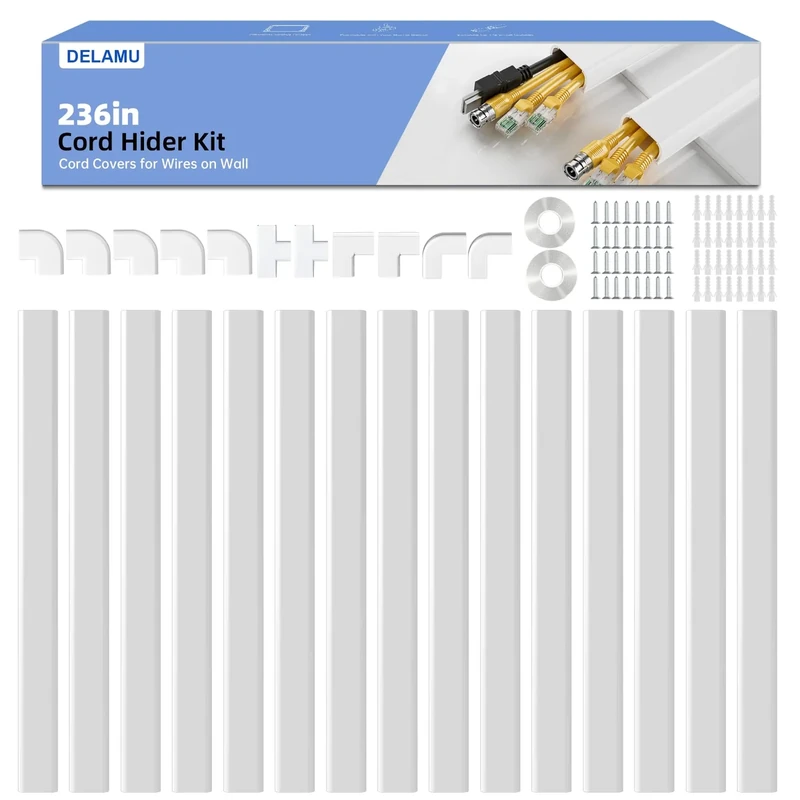 Delamu 236in Cord Hider - Paintable Wire Cover for 3-4 Wires, White