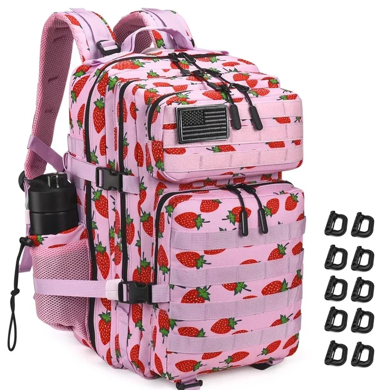 R.SASR Military Tactical Backpack 45L Large Tactical Backpack for Men, Hiking Rucksack With Bottle Holder (Colorful strawberry print)