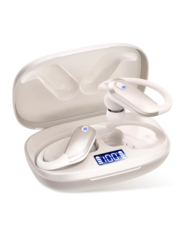 Bluetooth Earbuds with Earhooks 48H Playtime,IPX7 Waterproof Wireless Headphones with Bluetooth 5.3,ENC Noise Cancelling Mic,Lightweight Fit for Office,Travel Gym Daily Style-Beige