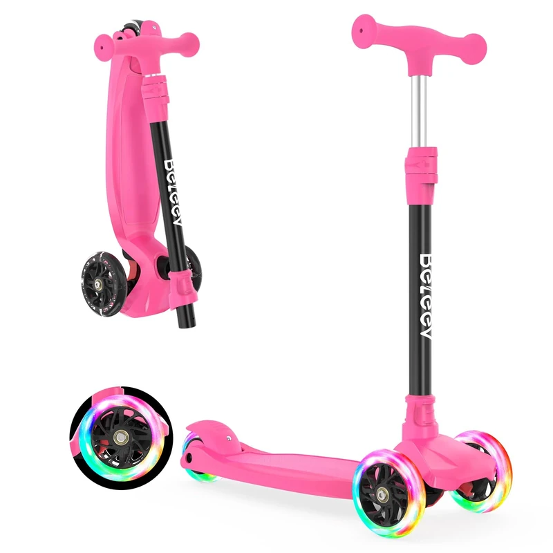 BELEEV Scooter for Kids Ages 3-12,3 Wheel Scooter for Toddler Girls Boys, Light-Up Wheels,5 Adjustable Height,Lean to Steer,Extra-Wide Deck, Three Wheel Kick Scooter for Children (Pink)