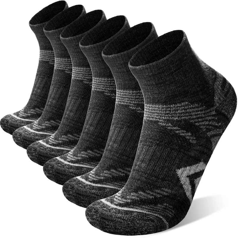 ANTSANG 6 Pairs Merino Wool Quarter Ankle Hiking Running Socks Compression Thermal Thick Cushion Socks for Women Men(Black Series,M)
