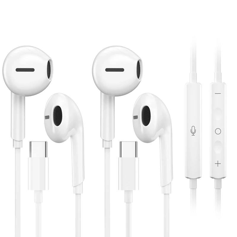 TECHAIRLINE USB-C Earbuds 2Pk iPhone 17/16, Samsung, iPad Mic & Volume