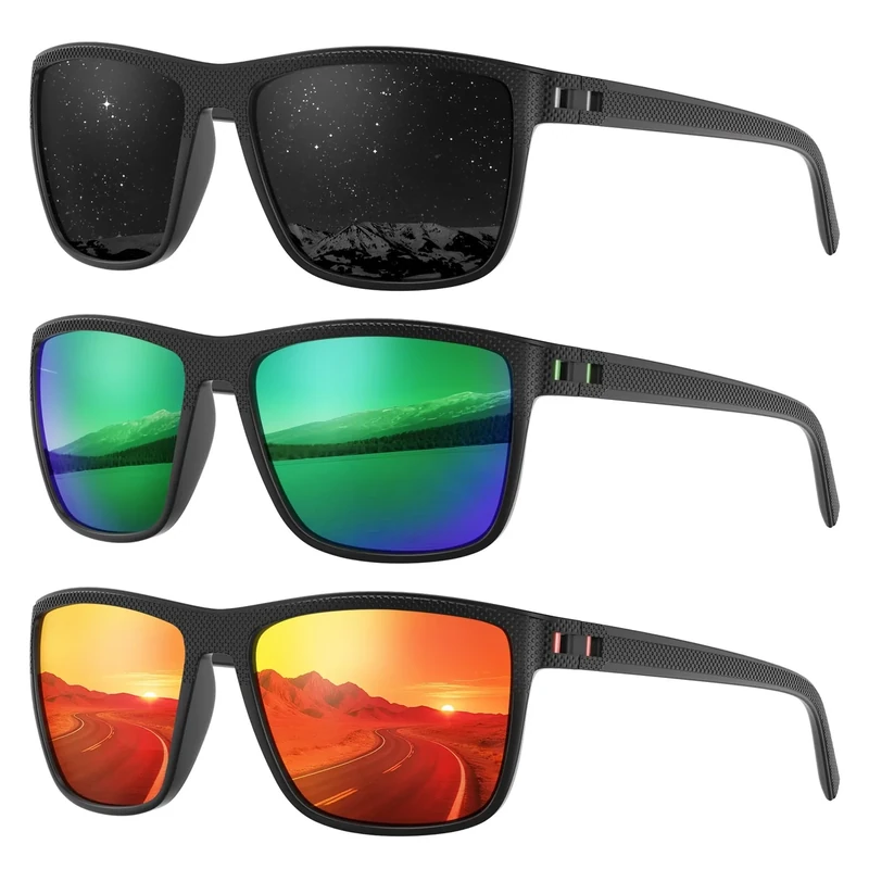 Fanshen Polarized Sports Sunglasses for Men, UV Protection Lightweight Sun Glasses for Driving Fishing Golf Cycling ((3 Pack) Black&Green&Red)