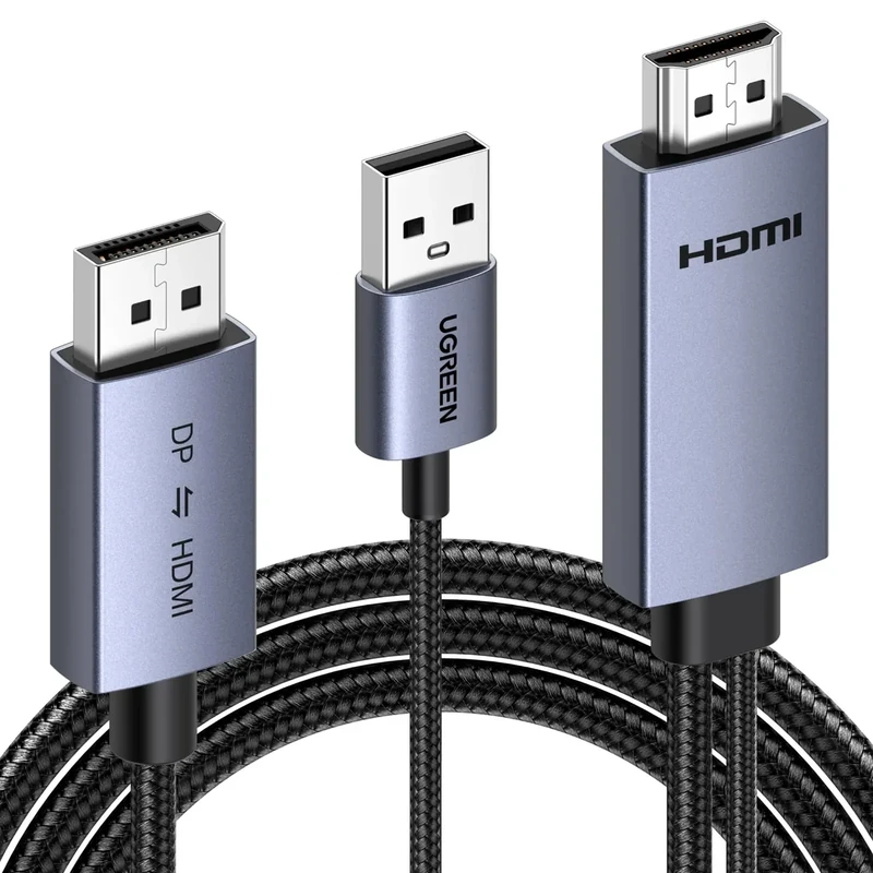 UGREEN 4K@60Hz Bidirectional HDMI to Displayport Cable Male to Male Adapter DP 1.2, HDCP 2.2, HDMI 1.4 4K@30Hz with USB Powered Compatible with Laptops, PC, Switch 2/PS5/Xbox/AMD/NVIDIA/Monitor, 6.6FT