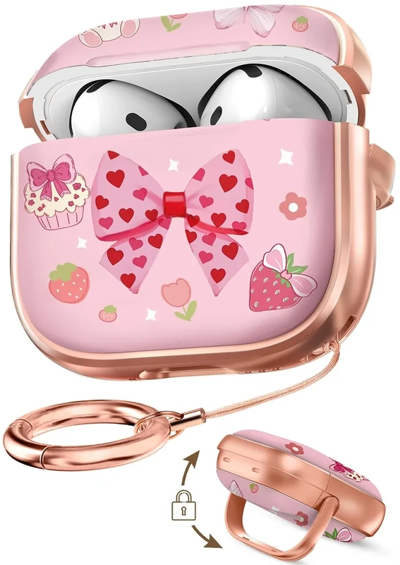 Coralogo for AirPods 4 Case with Safety Lock - Cute Cartoon for Women Girls Fashion Stylish Bow Cake Pattern Design Kawaii Girly Girlish Hard Protective Cover for AirPods 4th Generation 2024