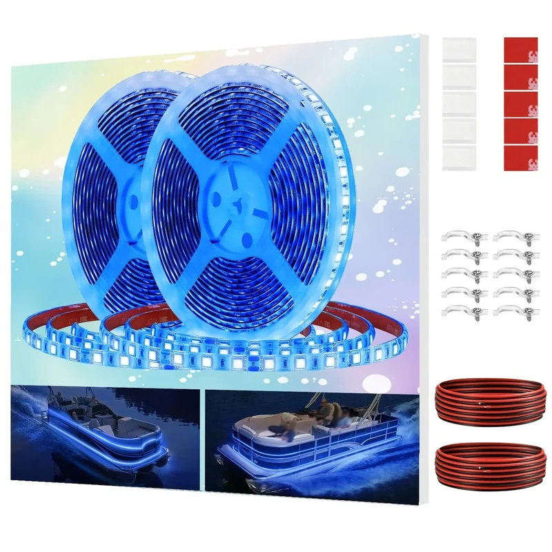 Vbakor Pontoon Boat LED Strip Lights, 12V 32.8FT Blue Waterproof Marine LED Light Boat Interior Light, Boats Deck Hull Gunnel Lighting, Night Fishing Lights for Bass, Jon, No Battery