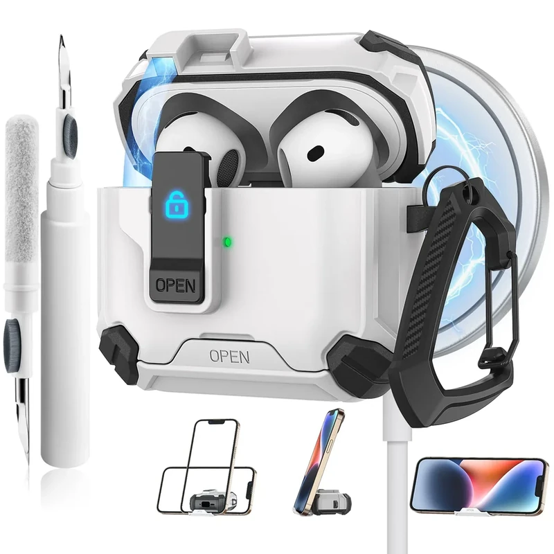 Meliya for AirPods 4 Case, Comes with Phone Holder and Magsafe Function, Automatic Pop-up Full Protection Hard Case with Secure Lock & Cleaner Kit & Keychain for AirPods 4 2024, White