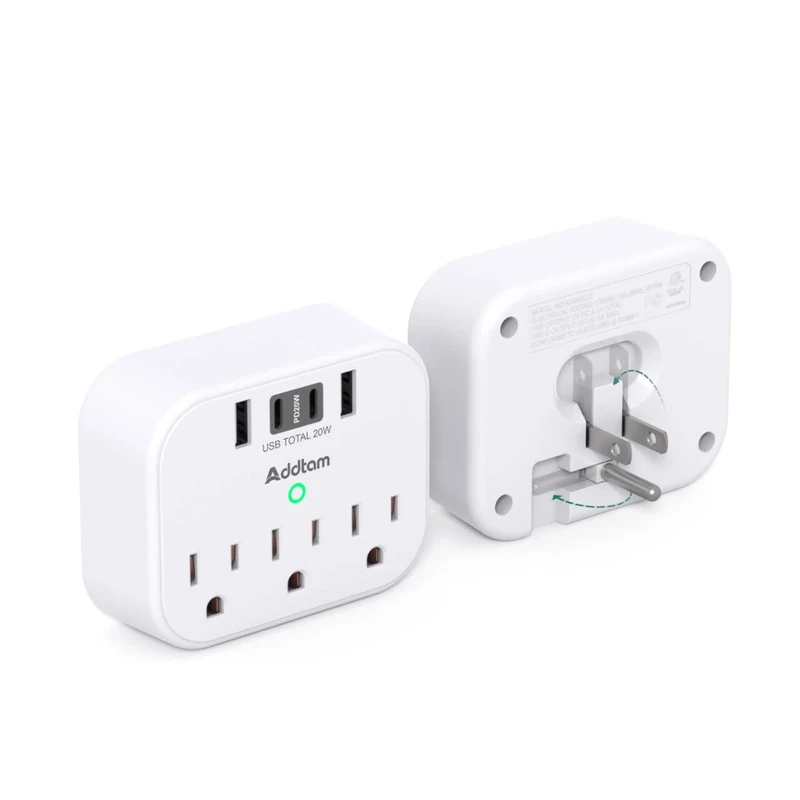 2 Pack Outlet Extender with Foldable Plug - 20W USB C Power Delivery, Cruise Approved Power Strip 3 Outlets 4 USB Plug Adapter for Travel Essentials Cruise Must Have