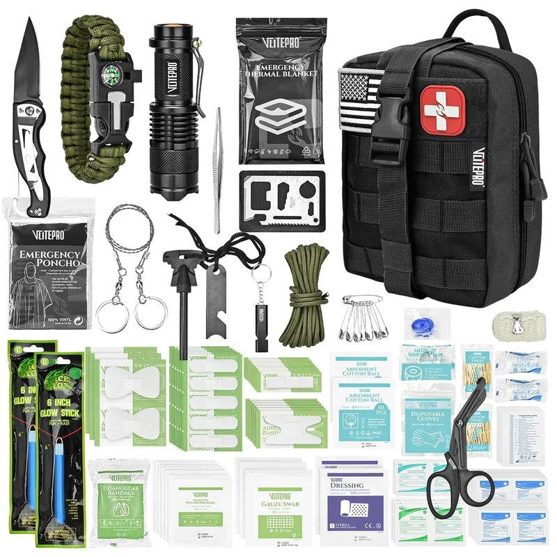 VLITEPRO 242 Piece First Aid & Survival Kit – Molle Pouch IFAK, 1000D Nylon, Color-Coded Compartments, Medical Kit for Camping, Boat, Hunting, Hiking, Home, Car/Home/Earthquake Emergency (Black)