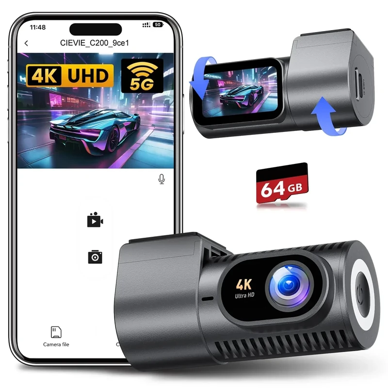 Dash Cam Front 4K - 1.5" IPS Display & 5G WiFi & 64G Card, 360° Rotation Mini Dashcam, Car Camera with WDR Night Vision, 24H Parking Mode, G-Sensor, Loop Recording,170° Angle, Dash Camera for Cars UK