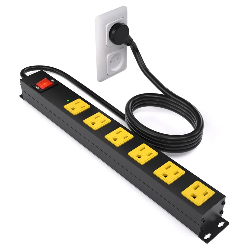 Heavy Duty 6 Outlet Metal Long Power Strip, 2700J Surge Protector with 15A Circuit Breaker, 10FT Extension Cord, Wall Mount for Garage, Workshop & Industrial Use, Wide Spaced (10ft)
