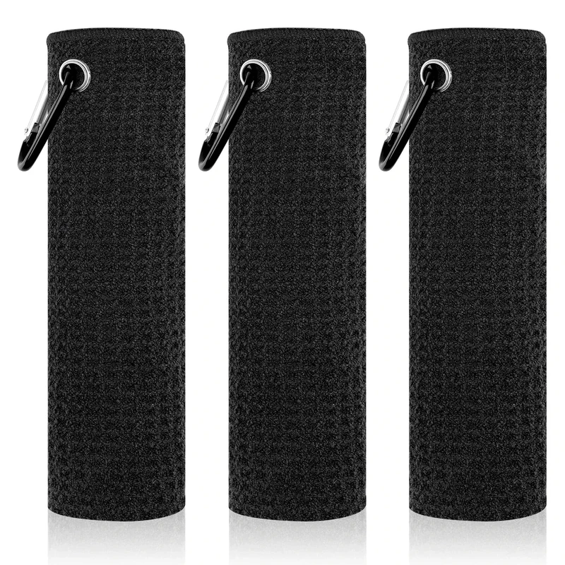 PEASUG 3 Pack Golf Towels (16" x 16"), Absorbent Waffle Pattern Golf Towel for Golf Bag, Tri-Fold Portable Microfiber Golf Towels for Men & Women with Carabiner Clip, Black