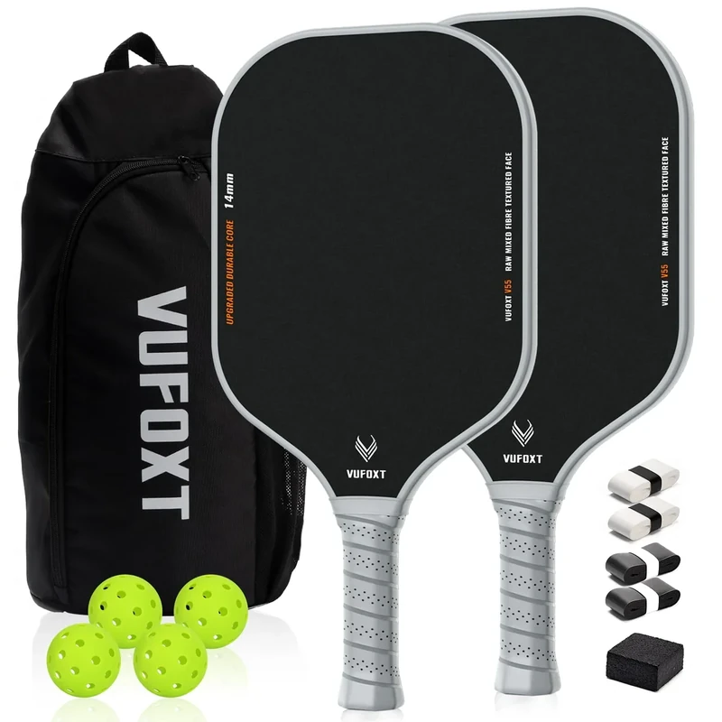Pickleball Paddles Set of 2, Lightweight Raw Carbon and Glass Fiber Surface Pickleball Racket Set with 14mm PP Honeycomb Core, USAPA Compliant, 4 Pickle Balls, 4 Tapes, 1Bag, 1 Paddle Cleaner