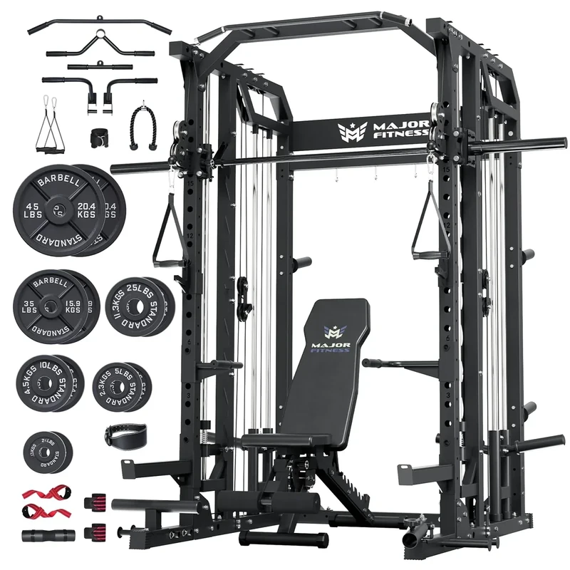 Major Fitness Drone2 Advanced Smith△ Machine – All-in-One Home Gym Squat Rack with Aluminum Pulley Set , Weight Bar, Dual LAT Pull-Down Systems & Cable Crossover Machine for Full-Body Workouts