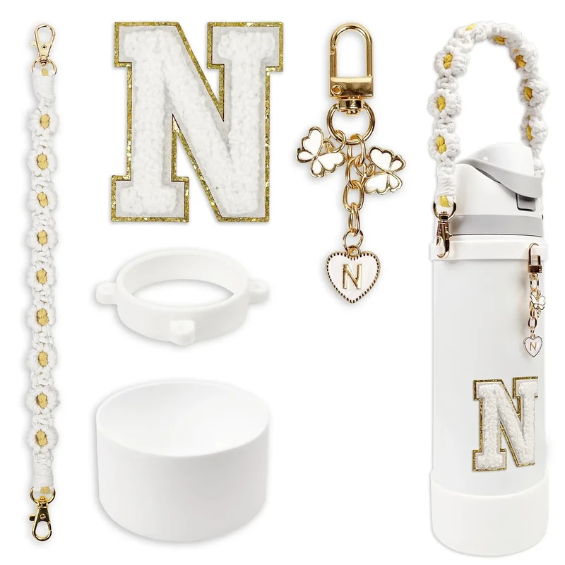 Silicone Boot Cute Monogram Set Compatible with Owala Water Bottle 40 oz - Perfect Letter Owala Accessories for Owala Tumbler, Owala Free Sip, Pink Owala, Black Owala, owala coffee tumbler (White, N)