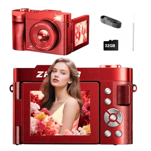 4K Digital Camera for Photography and Video, 2025 Latest 64MP Vlogging Camera for YouTube with 128G TF Card 180°Flip Screen Compact Travel Camera 16X Zoom, Anti-Shake,Suitable for Beginners, Red