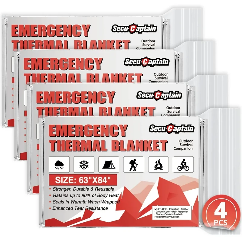 SecuCaptain Survival Emergency Thermal Blankets: Extra Large 84” x63” Space Mylar Blanket Kit for Outdoor Cold Winter Camping Hiking Car Bug Out Bag or First Aid - 4 Pack
