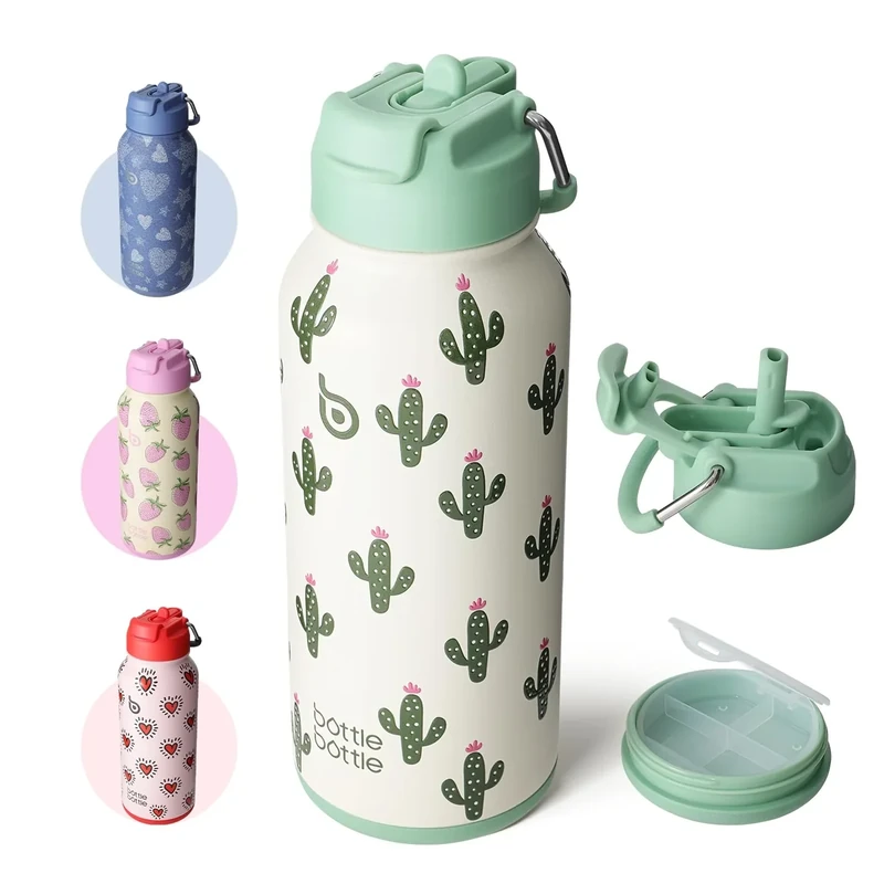 BOTTLE BOTTLE 32oz Insulated Water Bottle Stainless Steel Sport Water Bottle with Straw Dual-use Lid Design for Gym with Pill Box (Sweet Oasis)