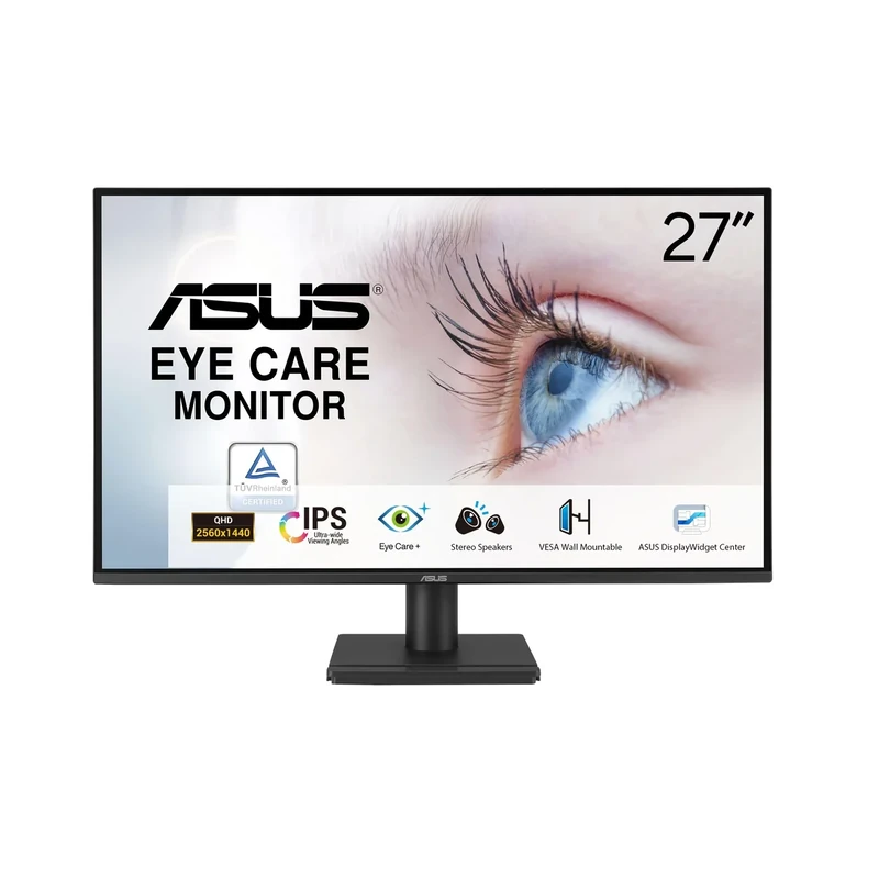 ASUS 27” 1440P Eye Care Monitor (VA27AQ) - IPS, QHD (2560 x 1440), 99% sRGB, Frameless, HDMI, DisplayPort, VGA, 1ms, Speakers, Low Blue Light, Flicker Free, VESA Wall Mountable, 3 yr Warranty