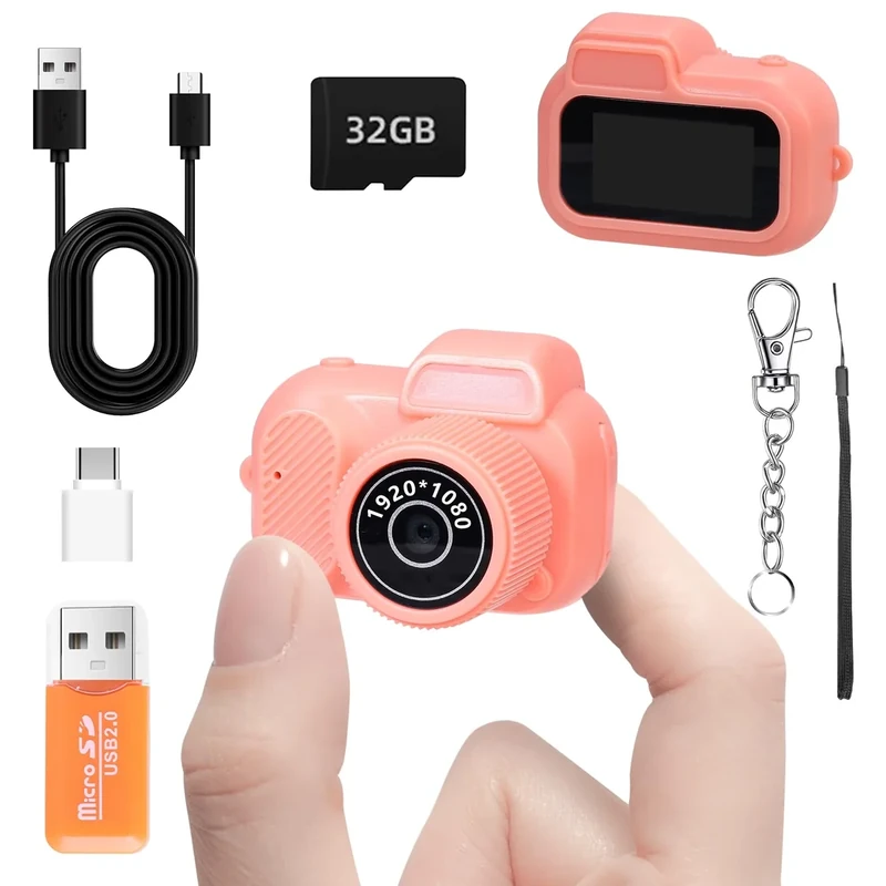 Mini Keychain Camera, FHD 1080p 8MP Mini Digital Camera with 32GB SD Card, 8 Creative Filters, 0.96" HD Display, 100 Mins Battery Life for Travel Recording Birthday Gifts (Retro, Pink)