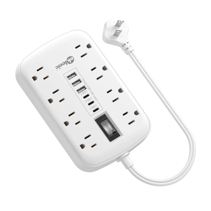 okleeic 1ft Power Strip - 8 Outlets + 6 USB, 1700J Surge, 15A