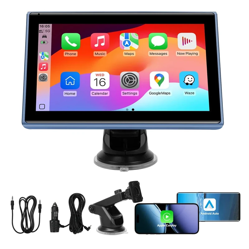 BOAODIFSH 7" Wireless CarPlay & Android Auto Screen - Plug-in (Blue)