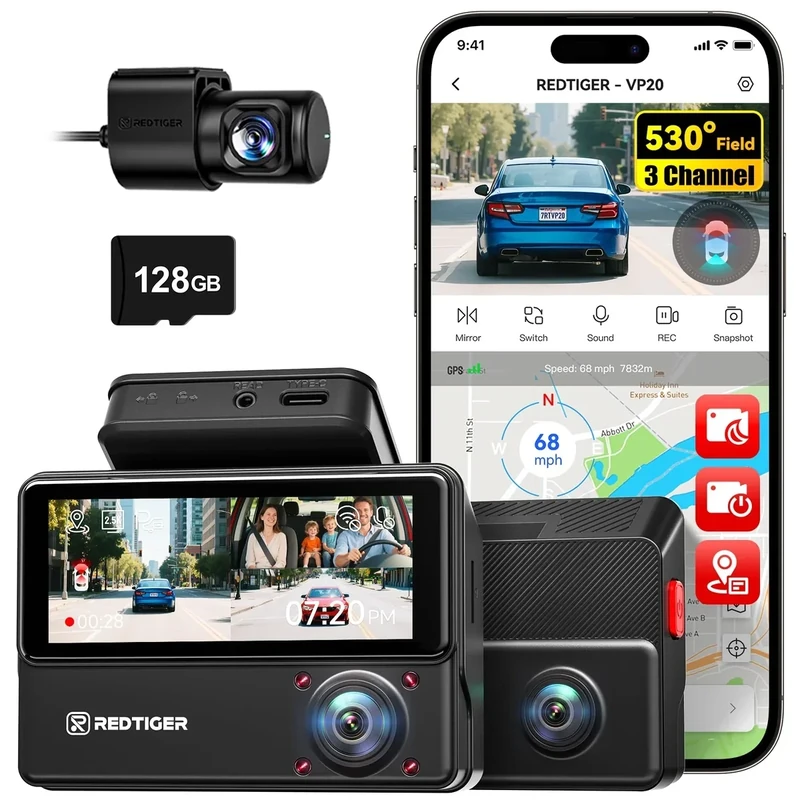 REDTIGER 530° Dash Cam 3 Channel, 2.5K+2.5K+1080P Triple Car Camera with 128GB Card, IR Night Vision, Touch Screen, Dashcam for Front Inside Rear Included WiFi GPS, 24H Parking Mode