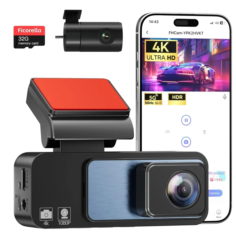 4K Dash Cam Front and Rear 3.2in HD Wireless Mounted Camera for Cars,Built-in 5GWiFi&G-Sensor,Super Night Vision,HDR, Loop Recording App Control 24 Hours Parking Monitor Included 32GB Card