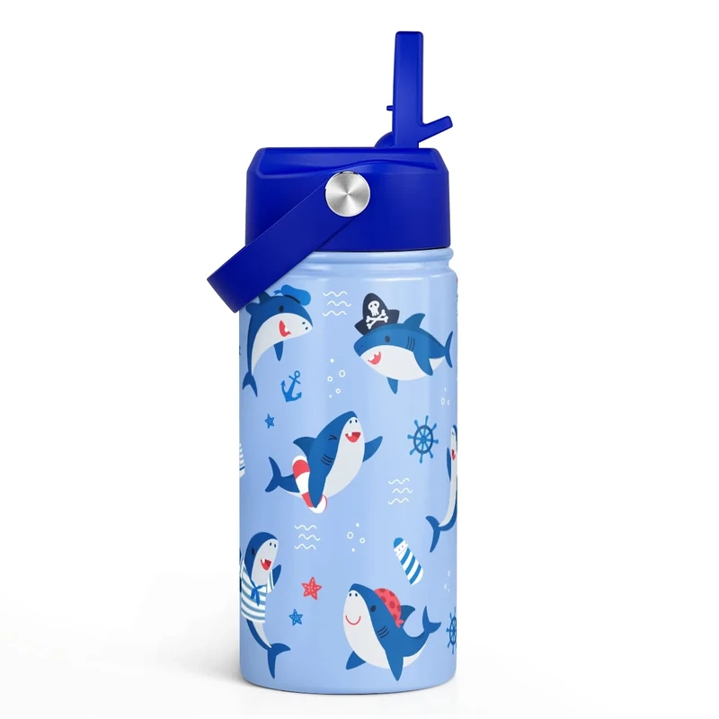 Shark Kids Water Bottle With Straw Lid 12oz Insulated Stainless Steel, Travel Tumbler, Gifts For Boys Girls, Birthday, Christmas, Back To School