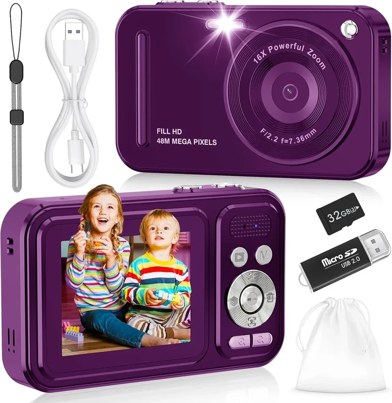 WITYEAH 48MP Kids Digital Camera - 16X Zoom, FHD 1080P, Purple