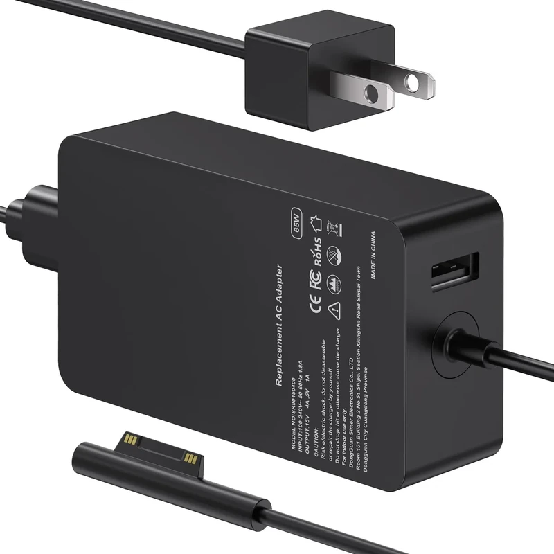 65W Surface Pro Charger Compatible with Microsoft Surface Pro 11 10 9 8 7+ 7 6 5 4 3 X,Surface Laptop 7 6 5 4 3 2 1, Go 3 2 1,Book 3 2 1,65W Power Adapter with USB Port,LED Indicator,Support 44W 36W