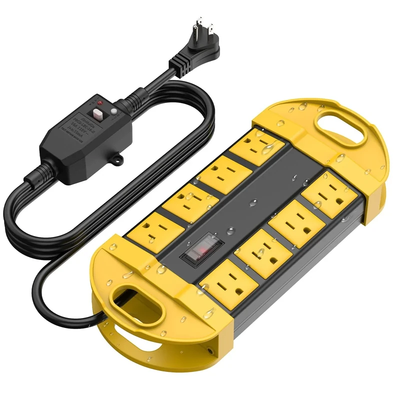 CCCEI GFCI Outdoor Power Strip Weatherproof with 8 AC, Waterproof Extension Cord with Multiple Outlets, Wall Mount Surge Protector Flat Plug, Christmas Exterior Garden, Yard, 10FT, Yellow.