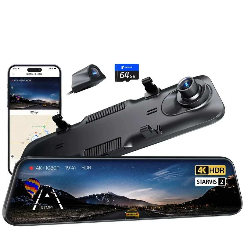 pelsee S12 Pro Mirror Dash Cam - 4K Front, 1080P Rear, STARVIS 2 WiFi