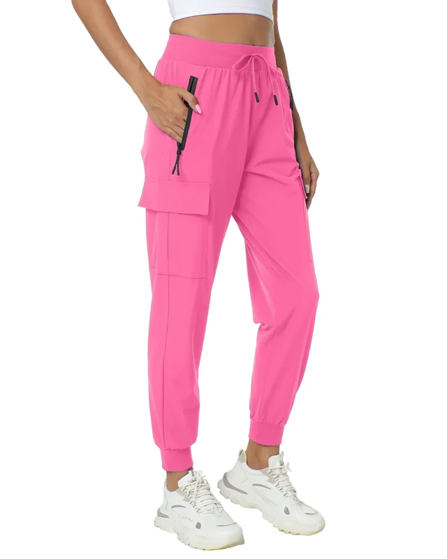 Women's Joggers with Pockets Lightweight - Water Resistant Quick Dry Cargo Athletic Pants for Hiking Running Camping Travel(Hot Pink, X-Small)