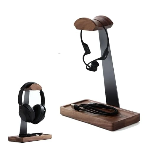 NIRVASH Walnut Headphone Stand, Wood Headset Stand for Desk, Gaming Headphone Holder with Storage Base Compatible with Airpod max, Bose, Razer, Sennheiser, Jabra, JBL, AKG, Grey