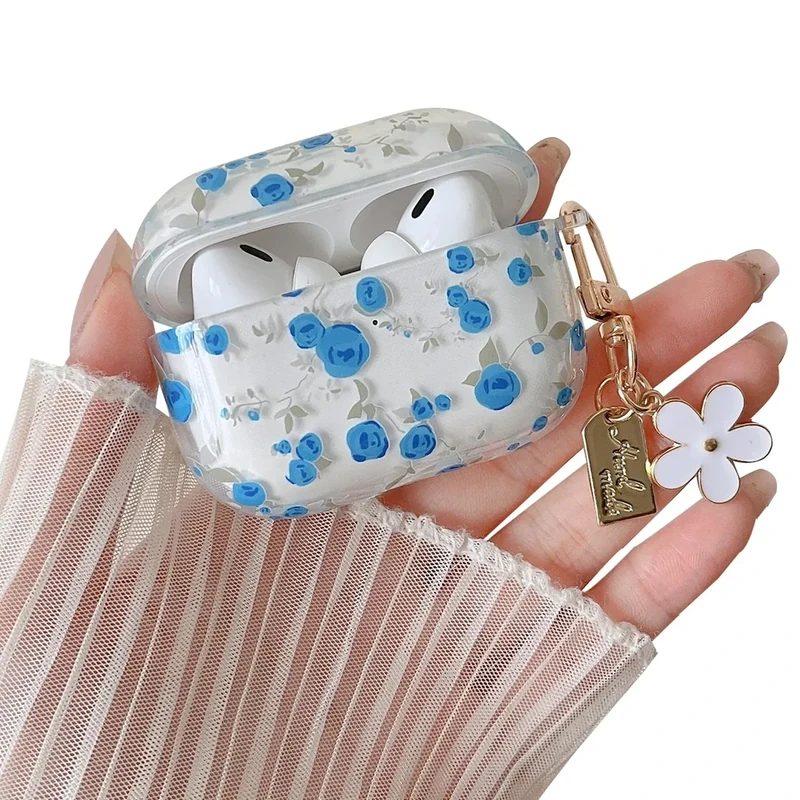 MINSCOSE Compatible with AirPods Pro 2nd/1st Generation Case Clear Case,Cute Flower Pattern Design with Floral Keychain, Soft TPU Protective Shockproof Cover for AirPods Pro/Pro 2-Blue Rose